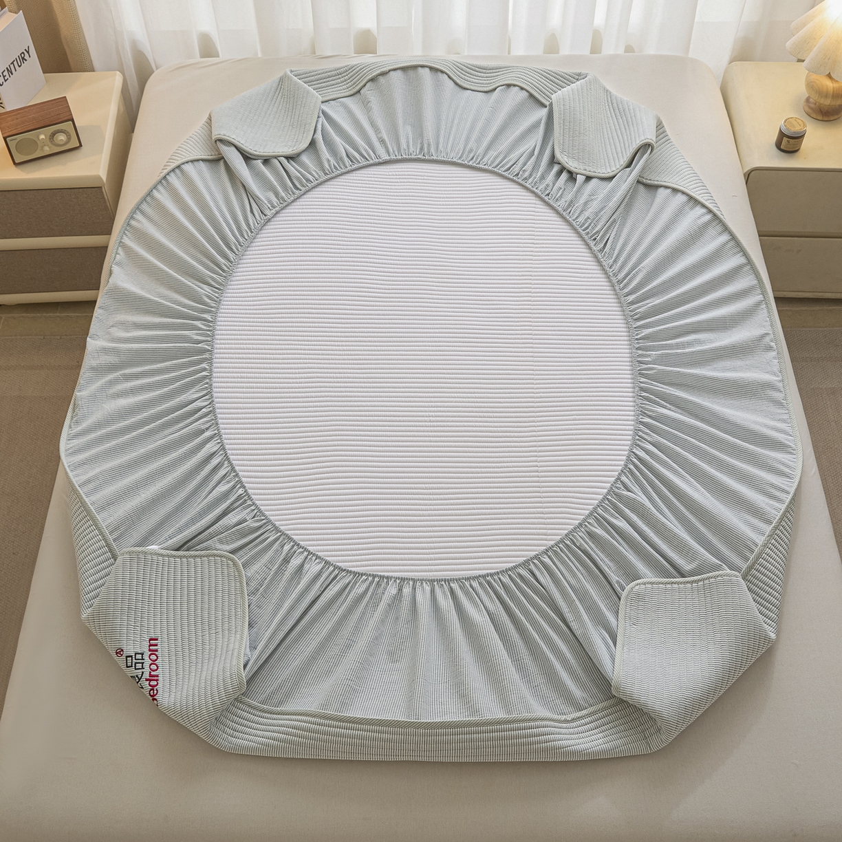 91家纺网 家纺一手货源 找家纺 芬晴家纺 2025新款全棉密条夹棉床笠良品系列 密条-雾霾蓝