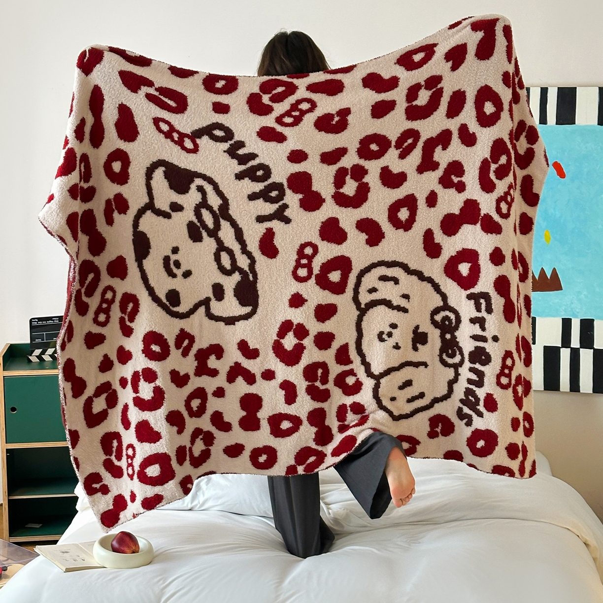 RYB红黄兰 2025新款设计师原创多功能针织半边绒毛毯午休毯盖毯加厚毯子 豹纹小奶狗