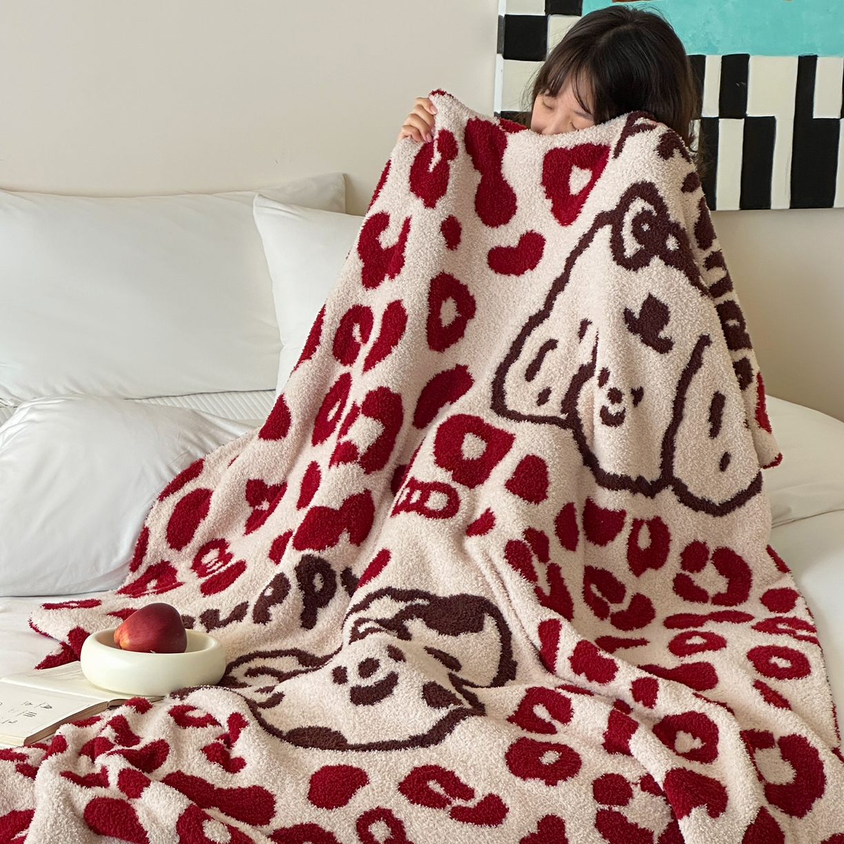 91家纺网 家纺一手货源 找家纺 RYB红黄兰 2025新款设计师原创多功能针织半边绒毛毯午休毯盖毯加厚毯子 豹纹小奶狗