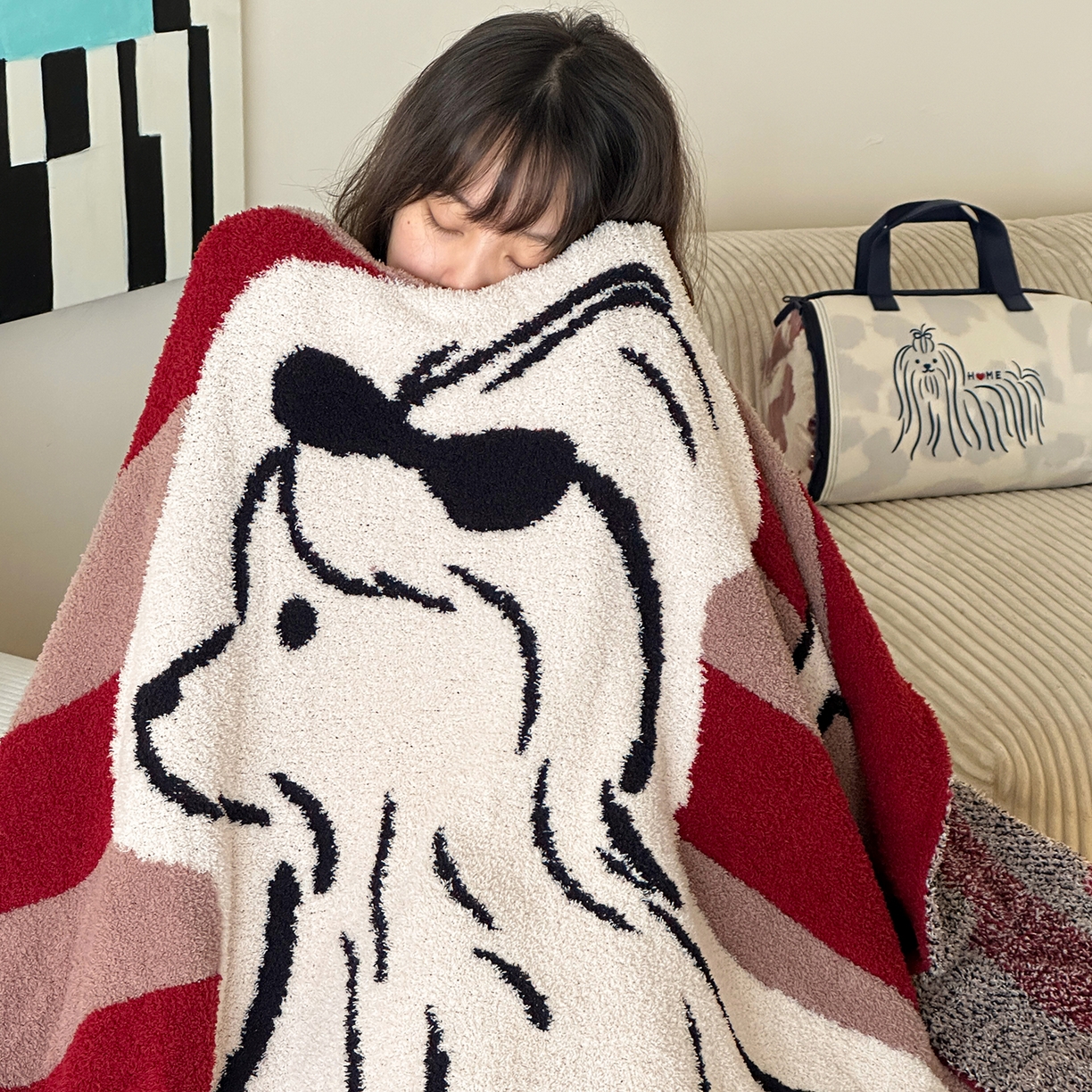 91家纺网 家纺一手货源 找家纺 （总）RYB红黄兰 2025新款设计师原创多功能针织半边绒毛毯午休毯盖毯加厚毯子