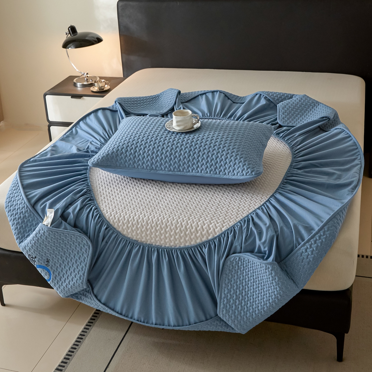 91家纺网 家纺一手货源 找家纺 芬晴家纺 2025新款深睡眠棉花全棉床笠 深睡眠-雾蓝