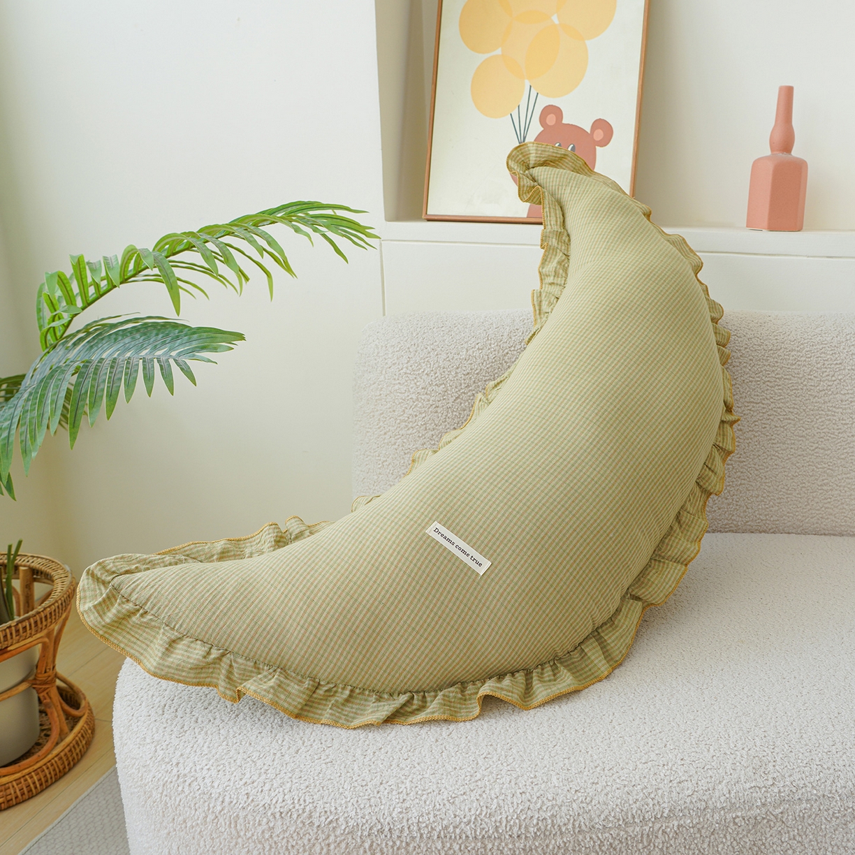 91家纺网 家纺一手货源 找家纺 蔻眠 花边款多功能全棉月亮长抱枕夹腿抱枕芯月亮枕头 花边款月亮-绿格