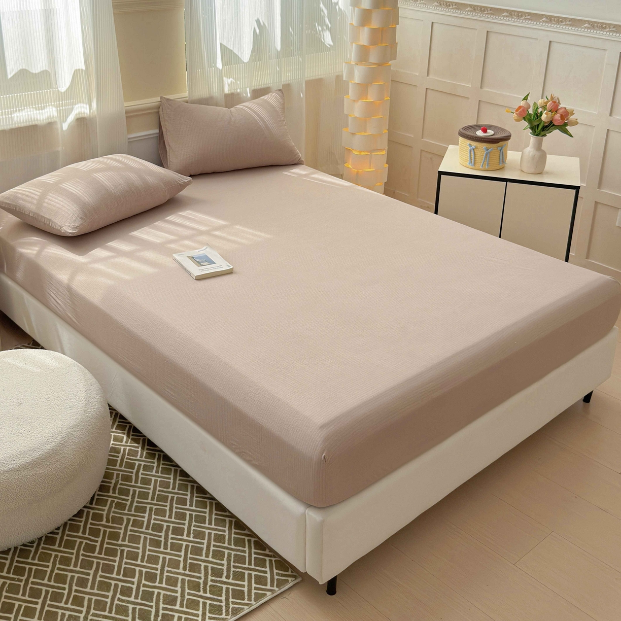 91家纺网 家纺一手货源 找家纺 富阿娜家纺 2025新款120克超柔云朵棉双层纱床笠三件套 云朵卡其