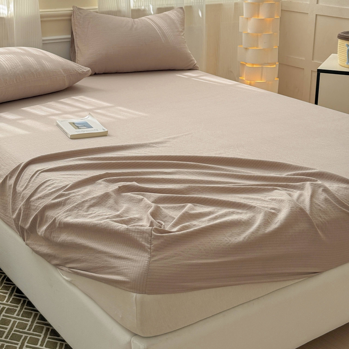 91家纺网 家纺一手货源 找家纺 富阿娜家纺 2025新款120克超柔云朵棉双层纱床笠三件套 云朵卡其