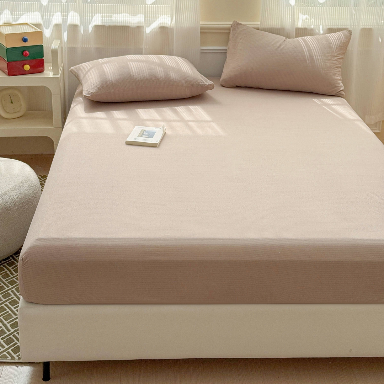 91家纺网 家纺一手货源 找家纺 富阿娜家纺 2025新款120克超柔云朵棉双层纱床笠三件套 云朵卡其