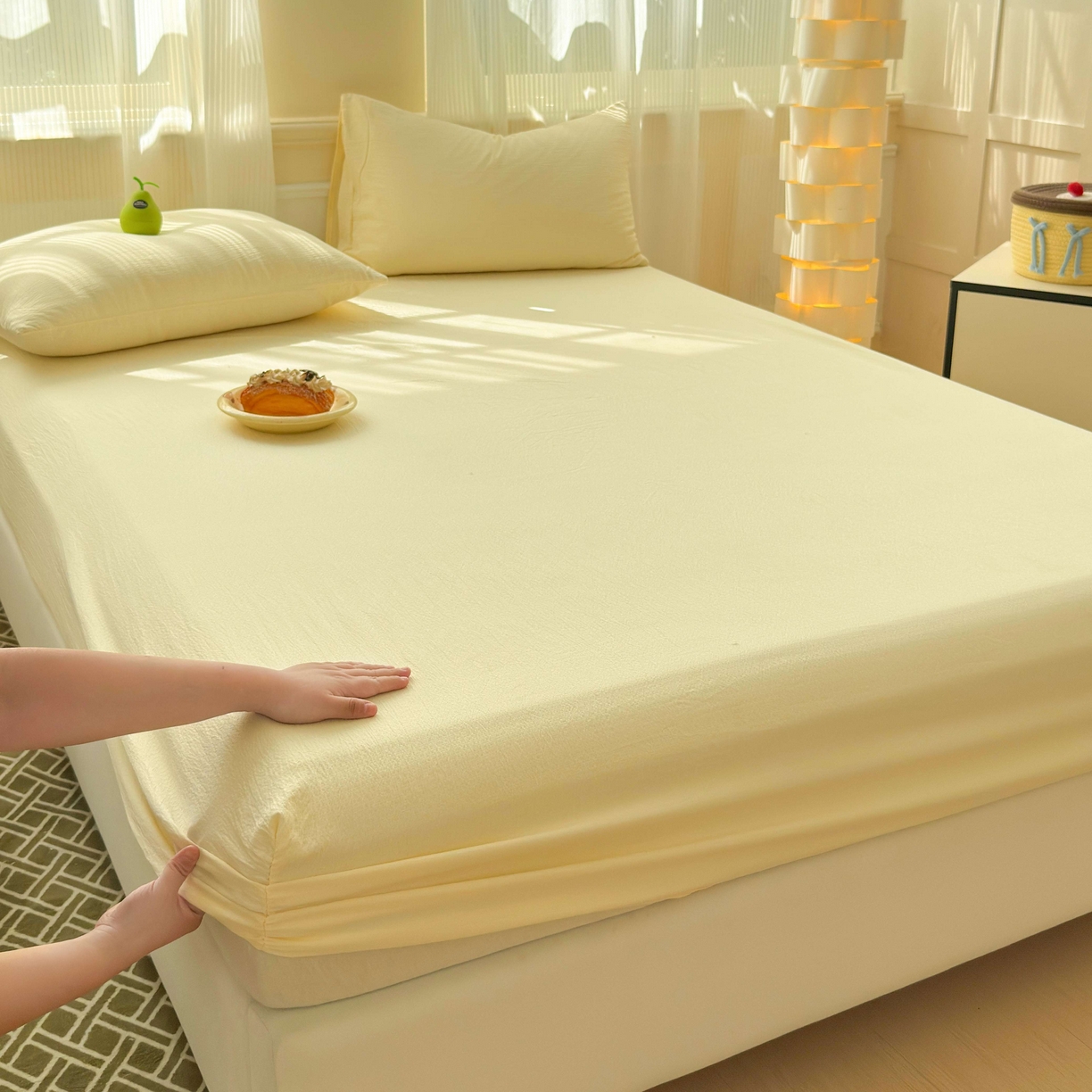 富阿娜家纺 2025新款120克超柔云朵棉双层纱床笠三件套 云朵米黄