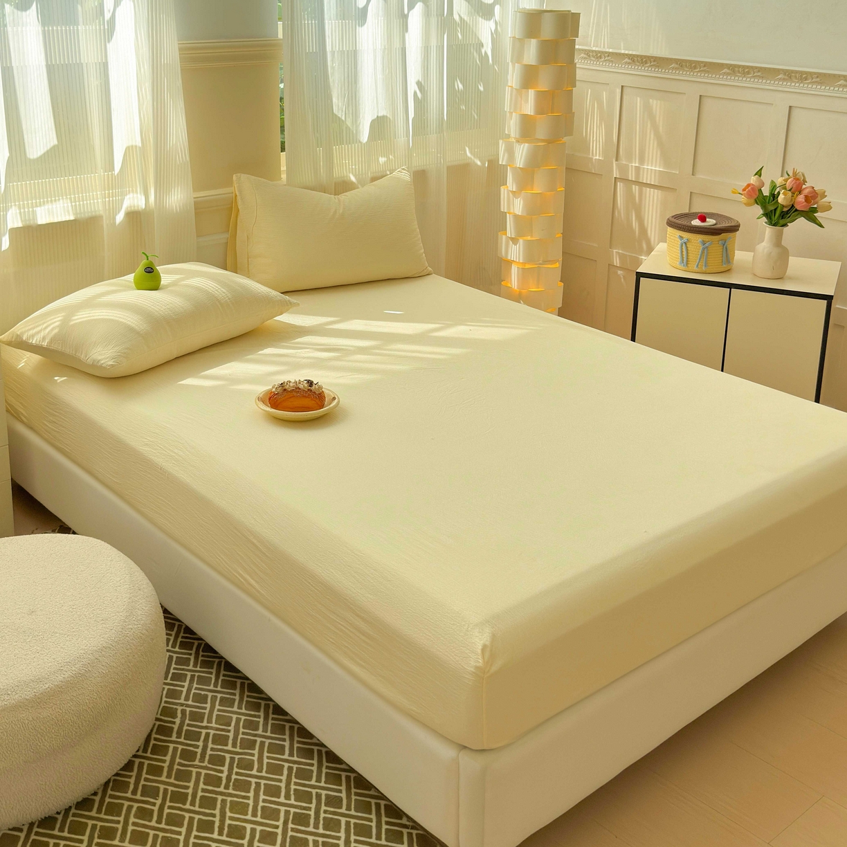 91家纺网 家纺一手货源 找家纺 富阿娜家纺 2025新款120克超柔云朵棉双层纱床笠三件套 云朵米黄