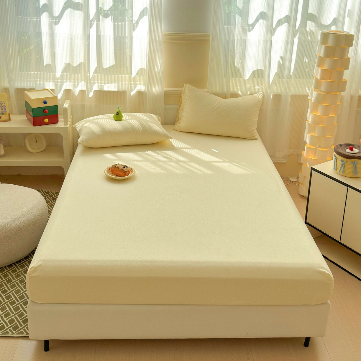 91家纺网 家纺一手货源 找家纺 富阿娜家纺 2025新款120克超柔云朵棉双层纱床笠三件套 云朵米黄