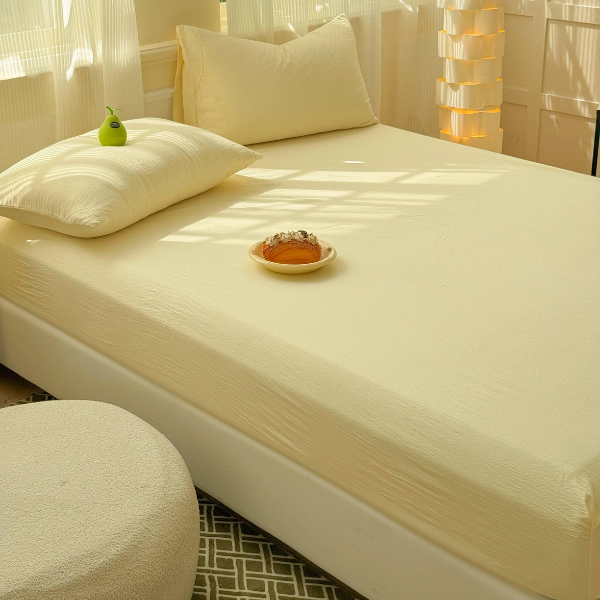 91家纺网 家纺一手货源 找家纺 富阿娜家纺 2025新款120克超柔云朵棉双层纱床笠三件套 云朵米黄