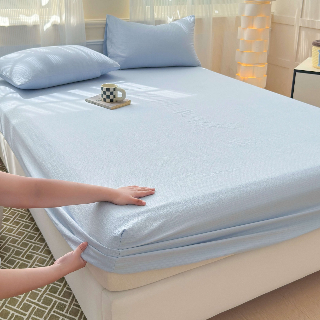 富阿娜家纺 2025新款120克超柔云朵棉双层纱床笠三件套 云朵浅蓝