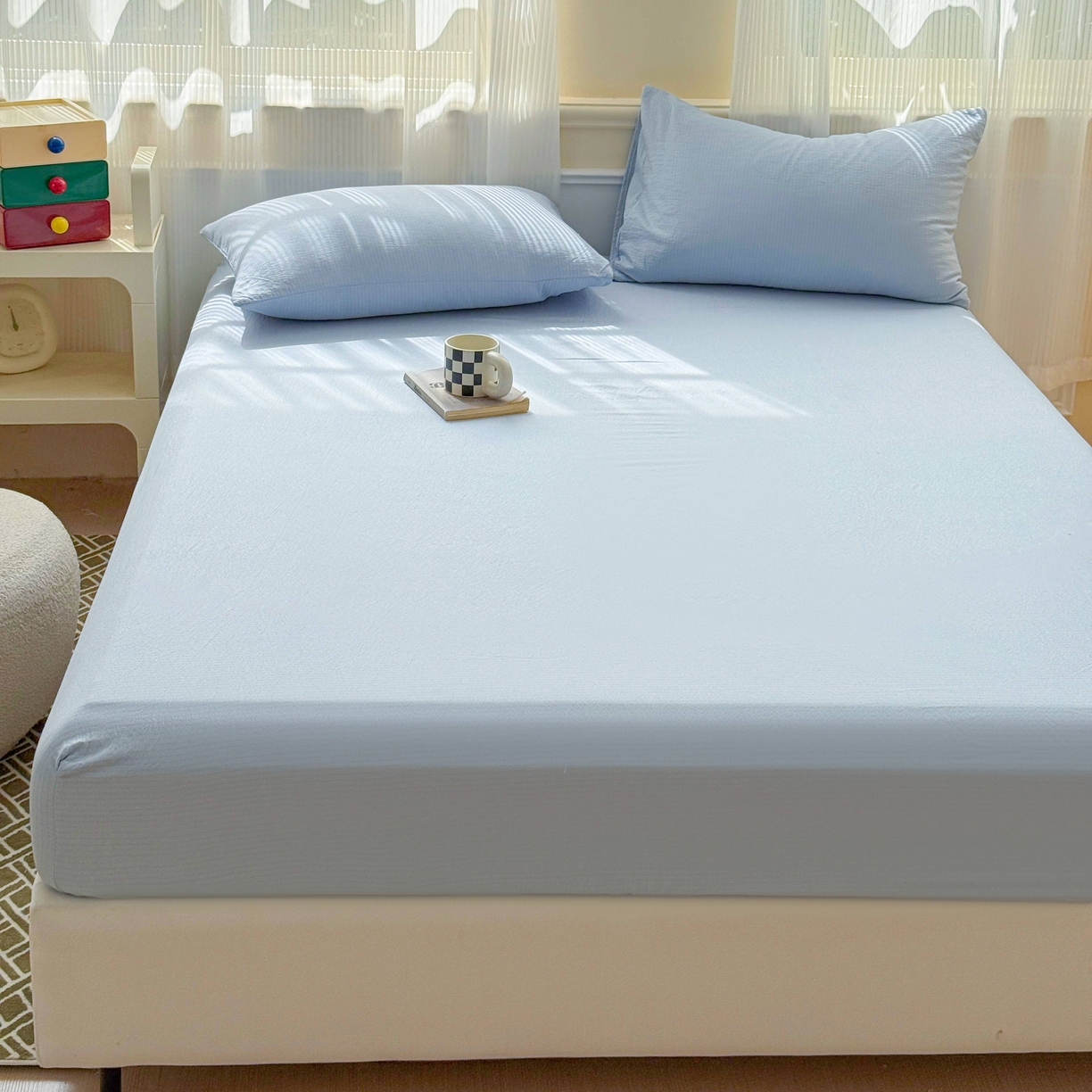 91家纺网 家纺一手货源 找家纺 富阿娜家纺 2025新款120克超柔云朵棉双层纱床笠三件套 云朵浅蓝