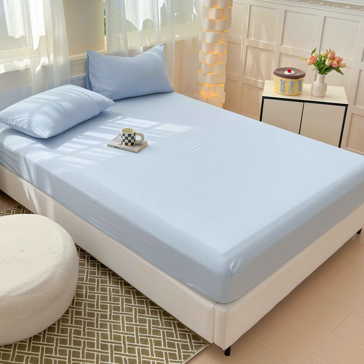 91家纺网 家纺一手货源 找家纺 富阿娜家纺 2025新款120克超柔云朵棉双层纱床笠三件套 云朵浅蓝