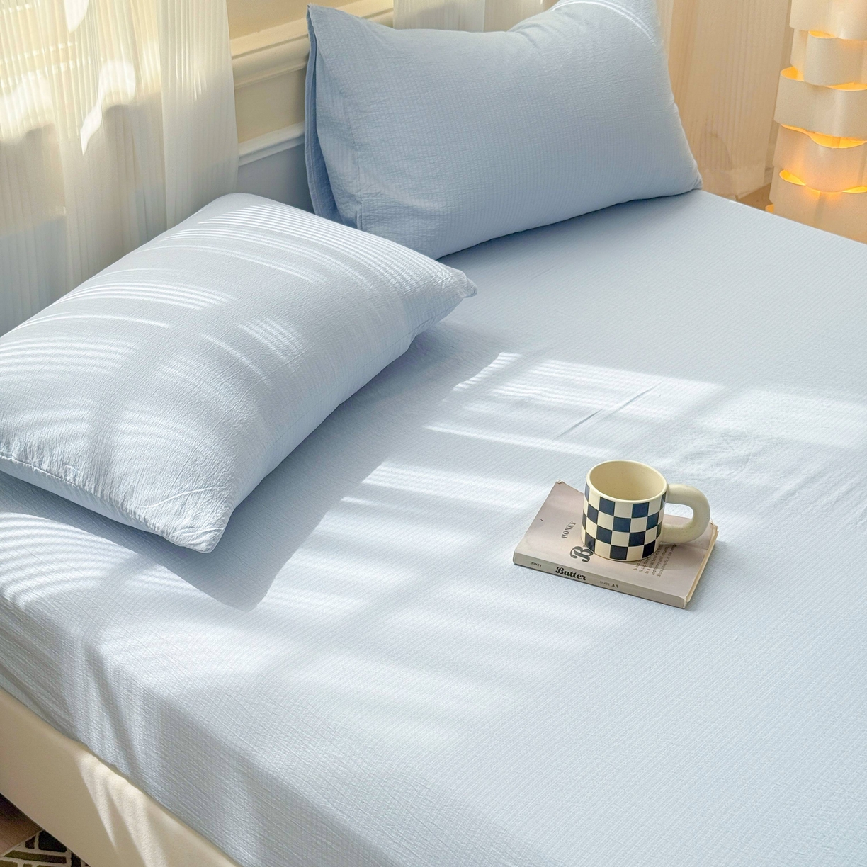 91家纺网 家纺一手货源 找家纺 富阿娜家纺 2025新款120克超柔云朵棉双层纱床笠三件套 云朵浅蓝