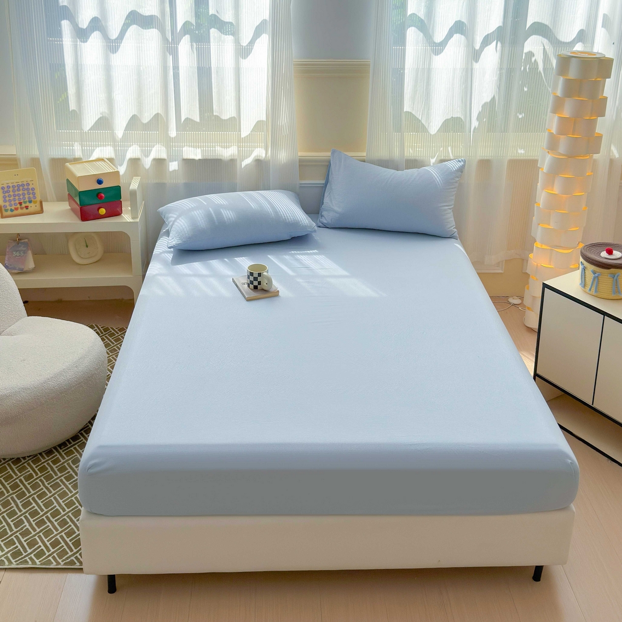 91家纺网 家纺一手货源 找家纺 富阿娜家纺 2025新款120克超柔云朵棉双层纱床笠三件套 云朵浅蓝