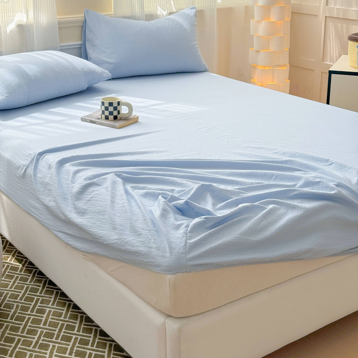 91家纺网 家纺一手货源 找家纺 富阿娜家纺 2025新款120克超柔云朵棉双层纱床笠三件套 云朵浅蓝