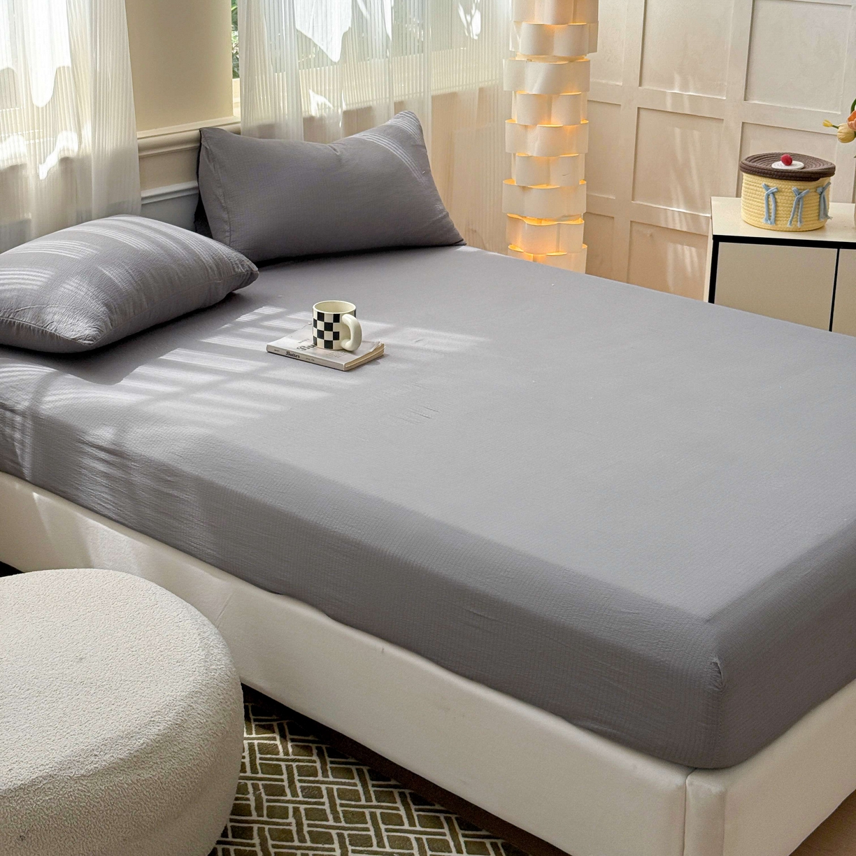 91家纺网 家纺一手货源 找家纺 富阿娜家纺 2025新款120克超柔云朵棉双层纱床笠三件套 云朵深灰