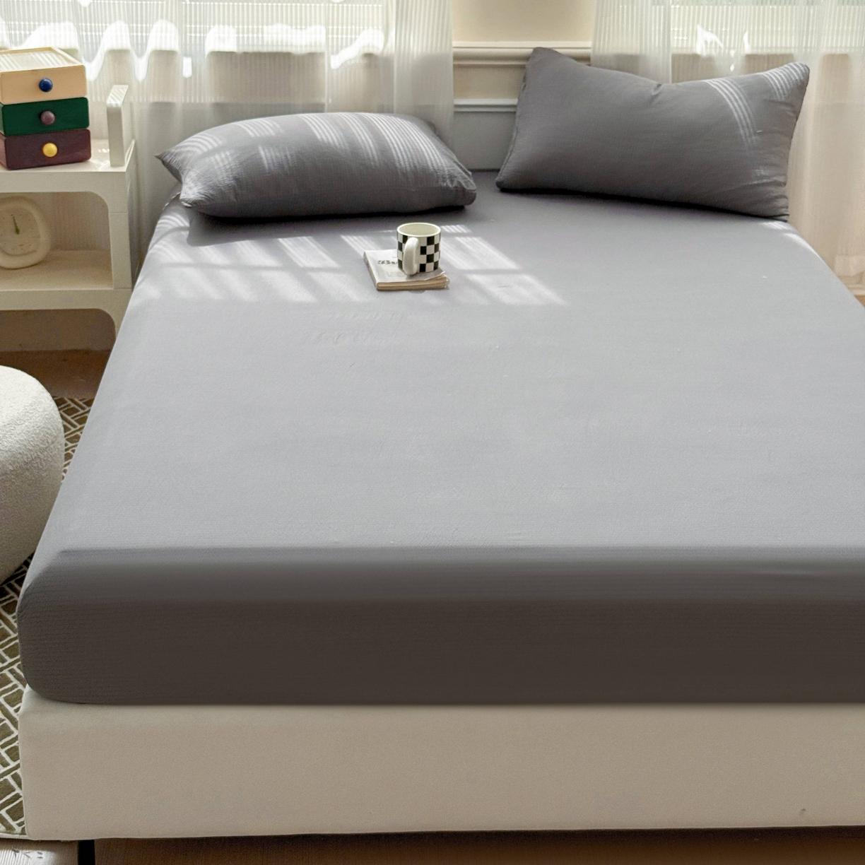 91家纺网 家纺一手货源 找家纺 富阿娜家纺 2025新款120克超柔云朵棉双层纱床笠三件套 云朵深灰