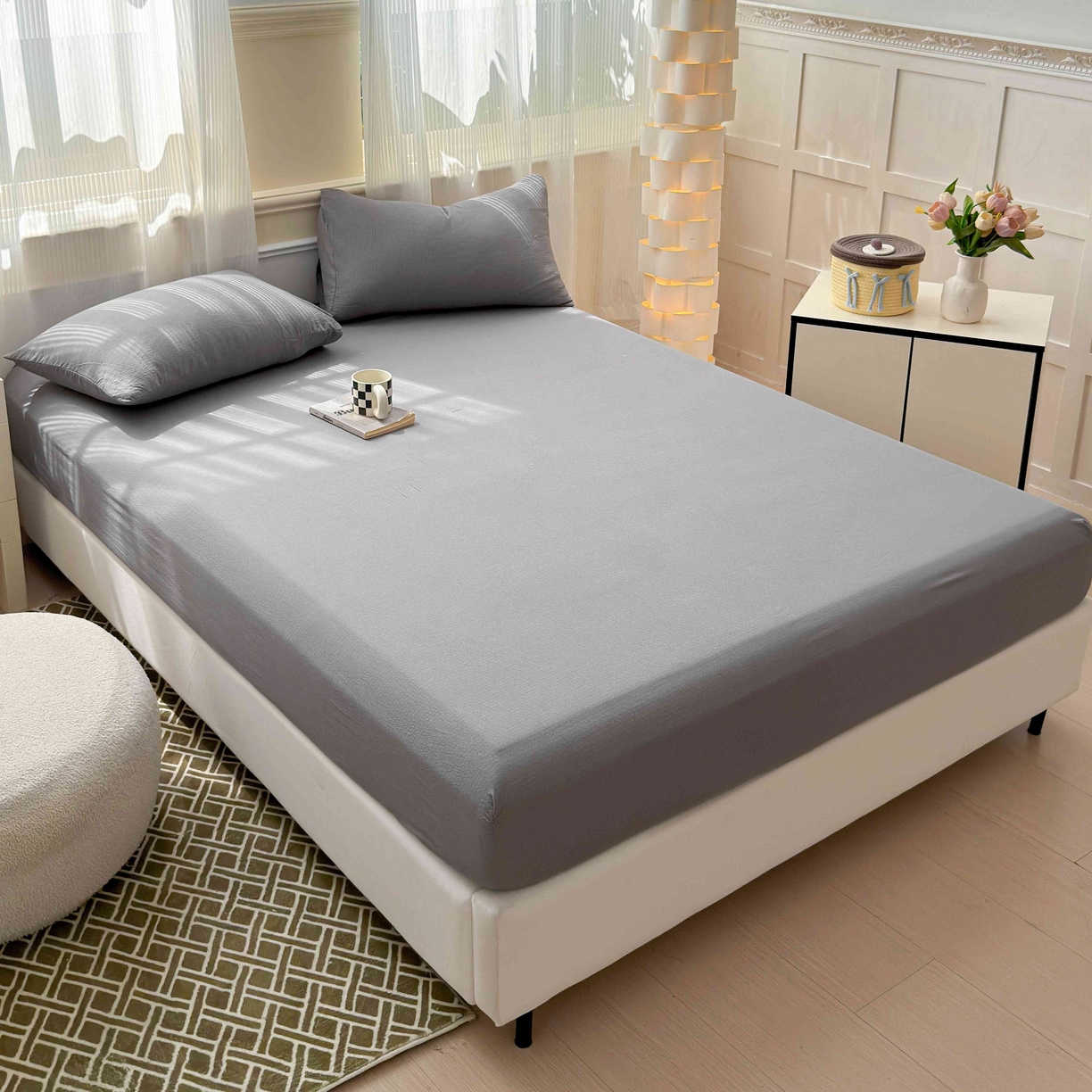 91家纺网 家纺一手货源 找家纺 富阿娜家纺 2025新款120克超柔云朵棉双层纱床笠三件套 云朵深灰