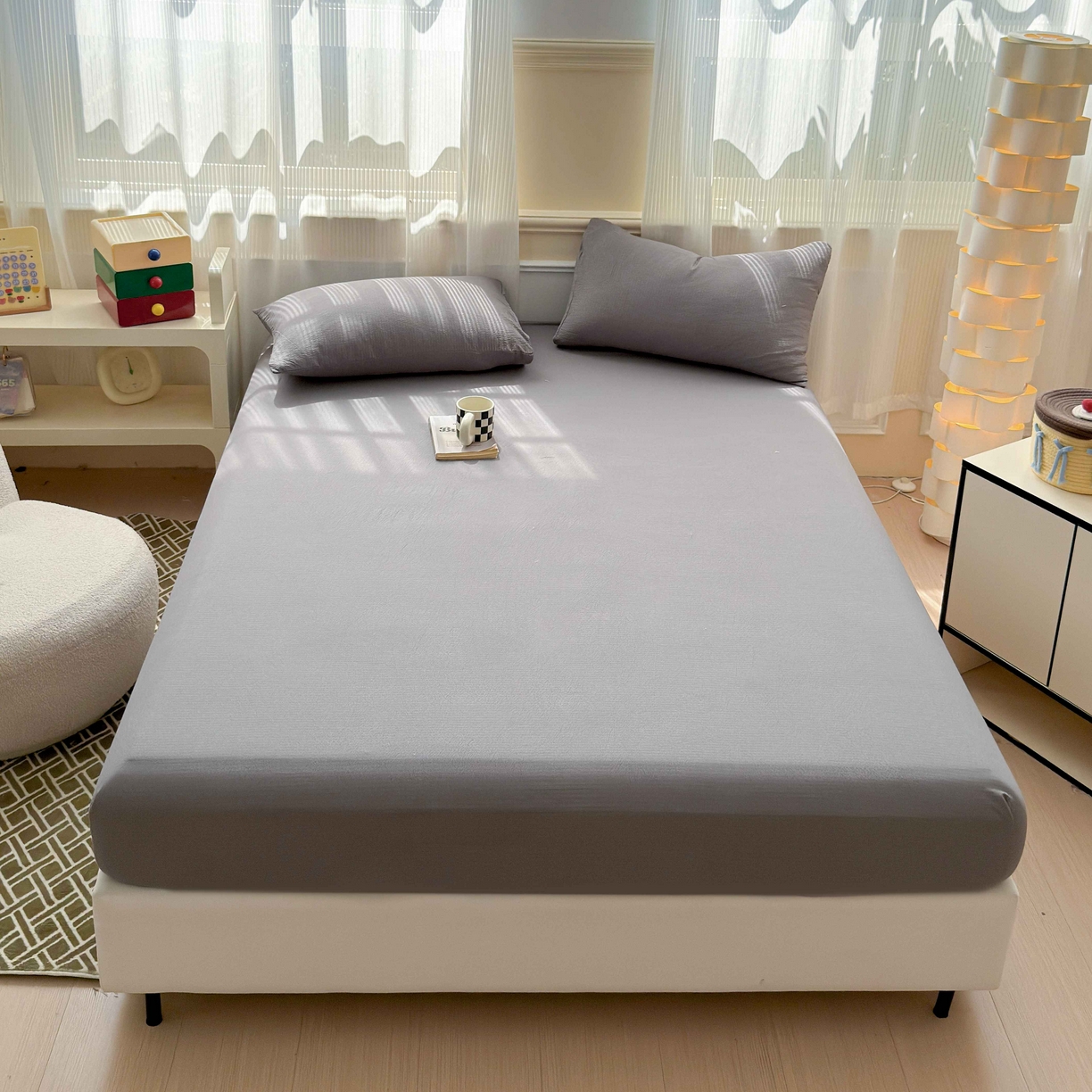 91家纺网 家纺一手货源 找家纺 富阿娜家纺 2025新款120克超柔云朵棉双层纱床笠三件套 云朵深灰