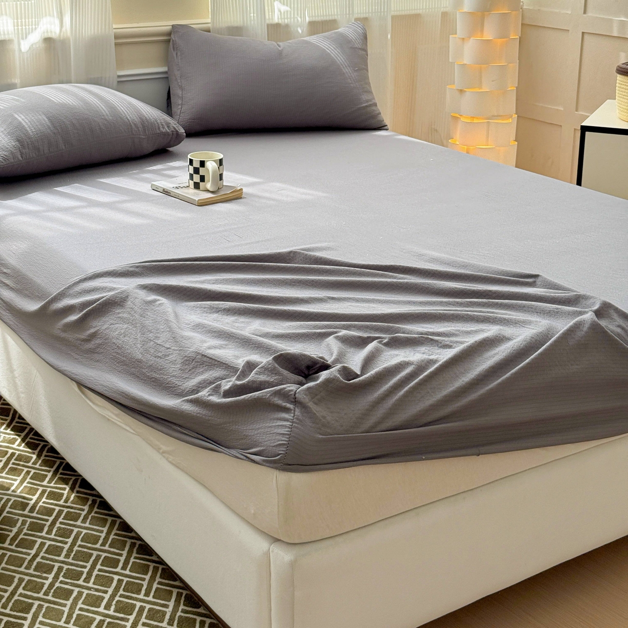 91家纺网 家纺一手货源 找家纺 富阿娜家纺 2025新款120克超柔云朵棉双层纱床笠三件套 云朵深灰