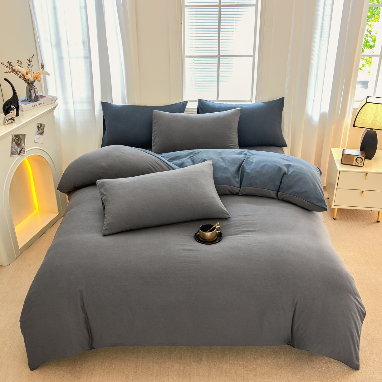 91家纺网 家纺一手货源 找家纺 简冠 2022新款亲肤棉直播纯色四件套 索菲利亚-灰色-灰蓝