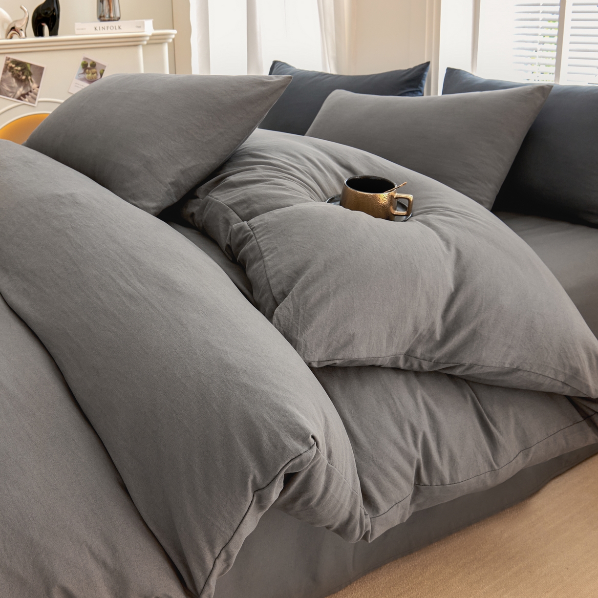 91家纺网 家纺一手货源 找家纺 简冠 2022新款亲肤棉直播纯色四件套 索菲利亚-灰色