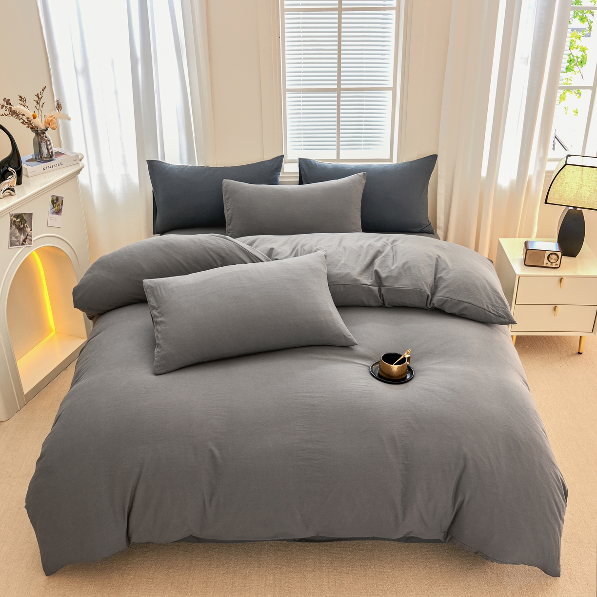 简冠 2022新款亲肤棉直播纯色四件套 索菲利亚-灰色