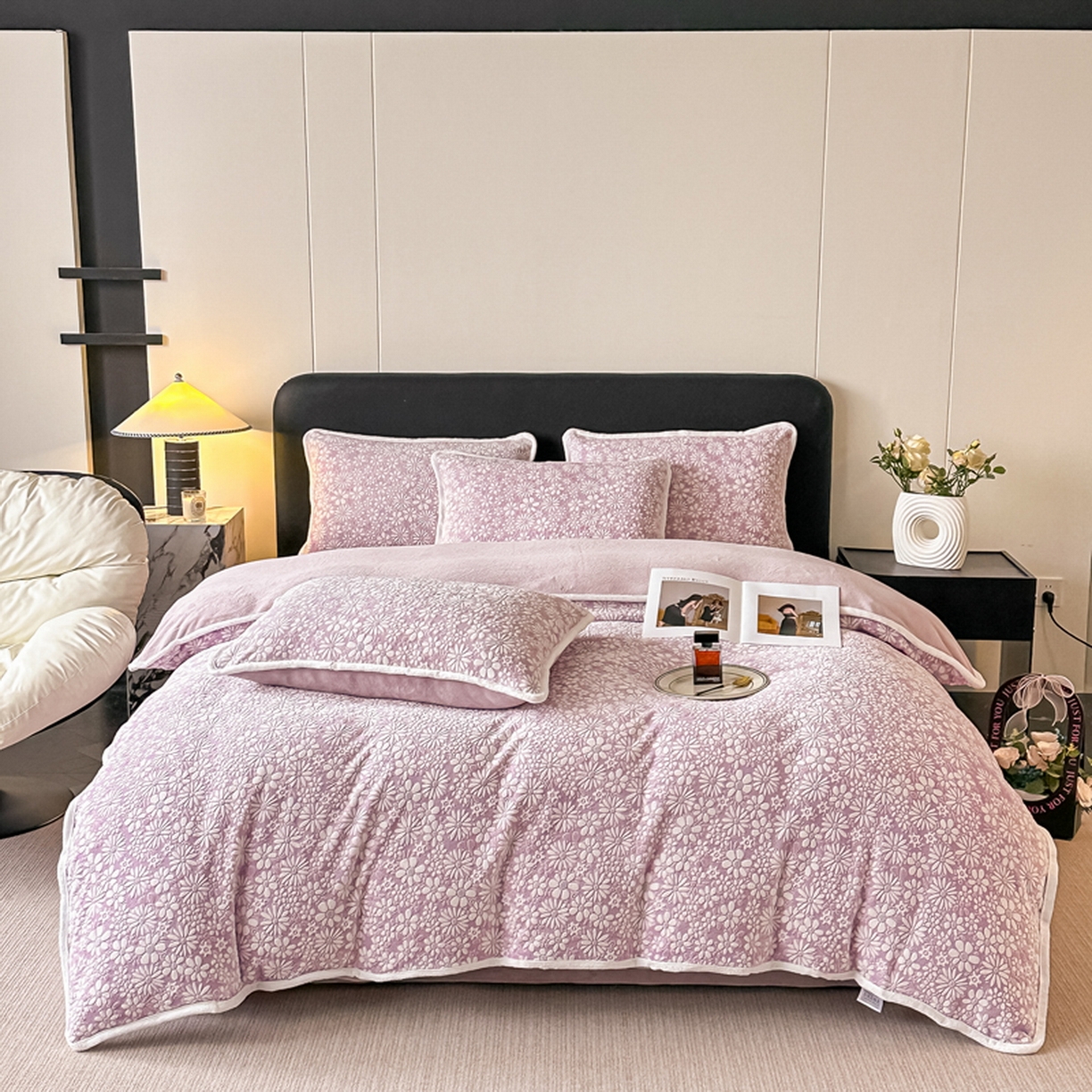 莱越家纺 2025新款牛奶雕花绒四件套 小雏菊-紫