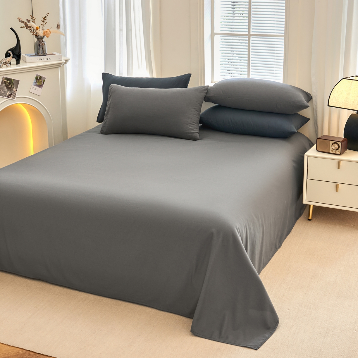 91家纺网 家纺一手货源 找家纺 简冠 2022新款亲肤棉直播纯色四件套 索菲利亚-灰色