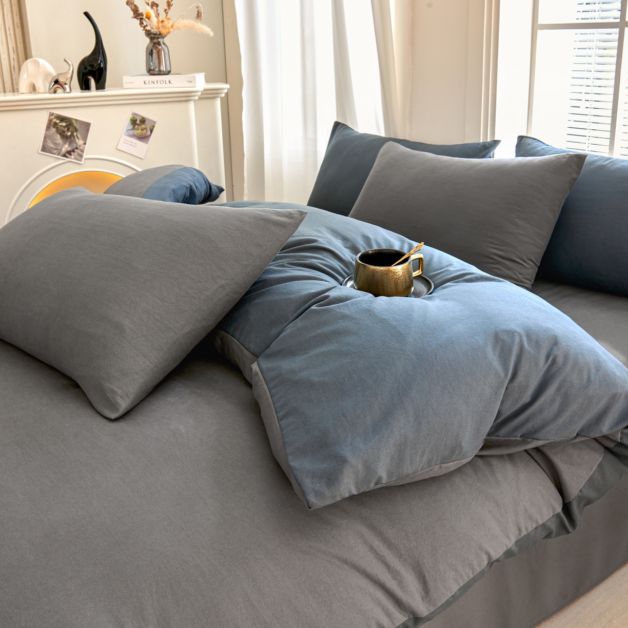 91家纺网 家纺一手货源 找家纺 简冠 2022新款亲肤棉直播纯色四件套 索菲利亚-灰色-灰蓝