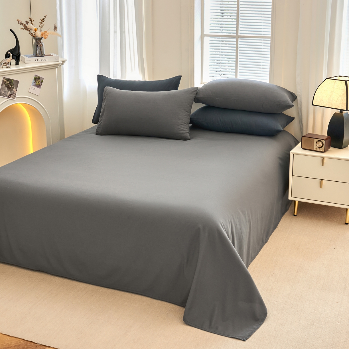 91家纺网 家纺一手货源 找家纺 简冠 2022新款亲肤棉直播纯色四件套 索菲利亚-灰色-灰蓝