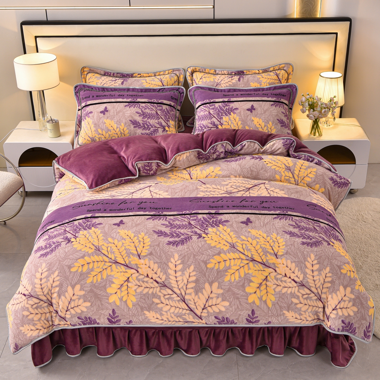 91家纺网 家纺一手货源 找家纺 亿品2025直播爆款9.5斤牛奶绒四件套加厚保暖床裙四件套 紫气东来