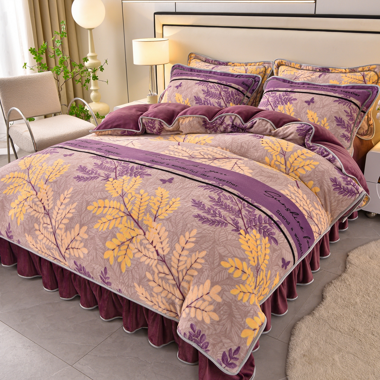 91家纺网 家纺一手货源 找家纺 亿品2025直播爆款9.5斤牛奶绒四件套加厚保暖床裙四件套 紫气东来