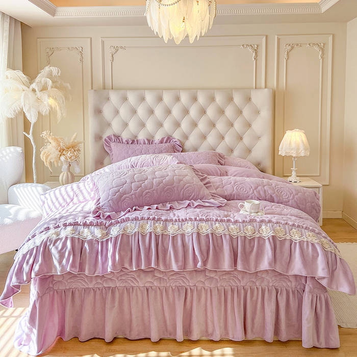 91家纺网 家纺一手货源 找家纺 网红馆（ck家纺） 2025新款牛奶绒花边床盖四件套-甜蜜蜜 甜蜜蜜-紫