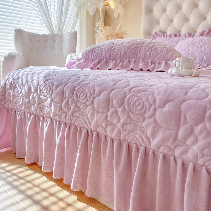 91家纺网 家纺一手货源 找家纺 网红馆（ck家纺） 2025新款牛奶绒花边床盖四件套-甜蜜蜜 甜蜜蜜-紫