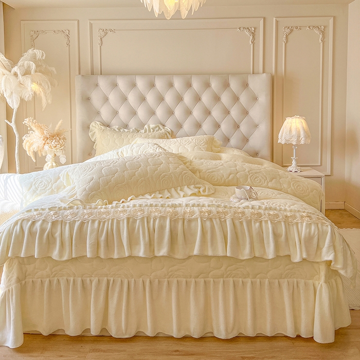 91家纺网 家纺一手货源 找家纺 网红馆（ck家纺） 2025新款牛奶绒花边床盖四件套-甜蜜蜜 甜蜜蜜-米