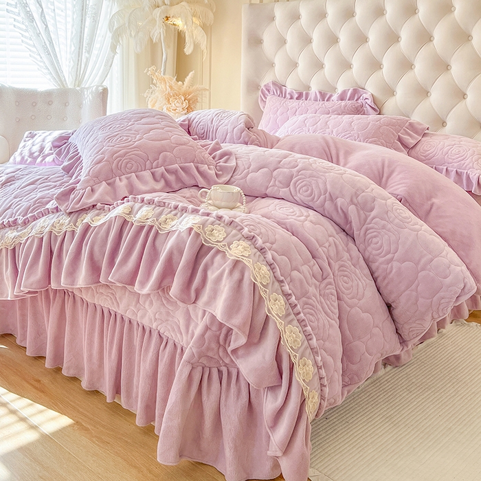 网红馆（ck家纺） 2025新款牛奶绒花边床盖四件套-甜蜜蜜 甜蜜蜜-紫