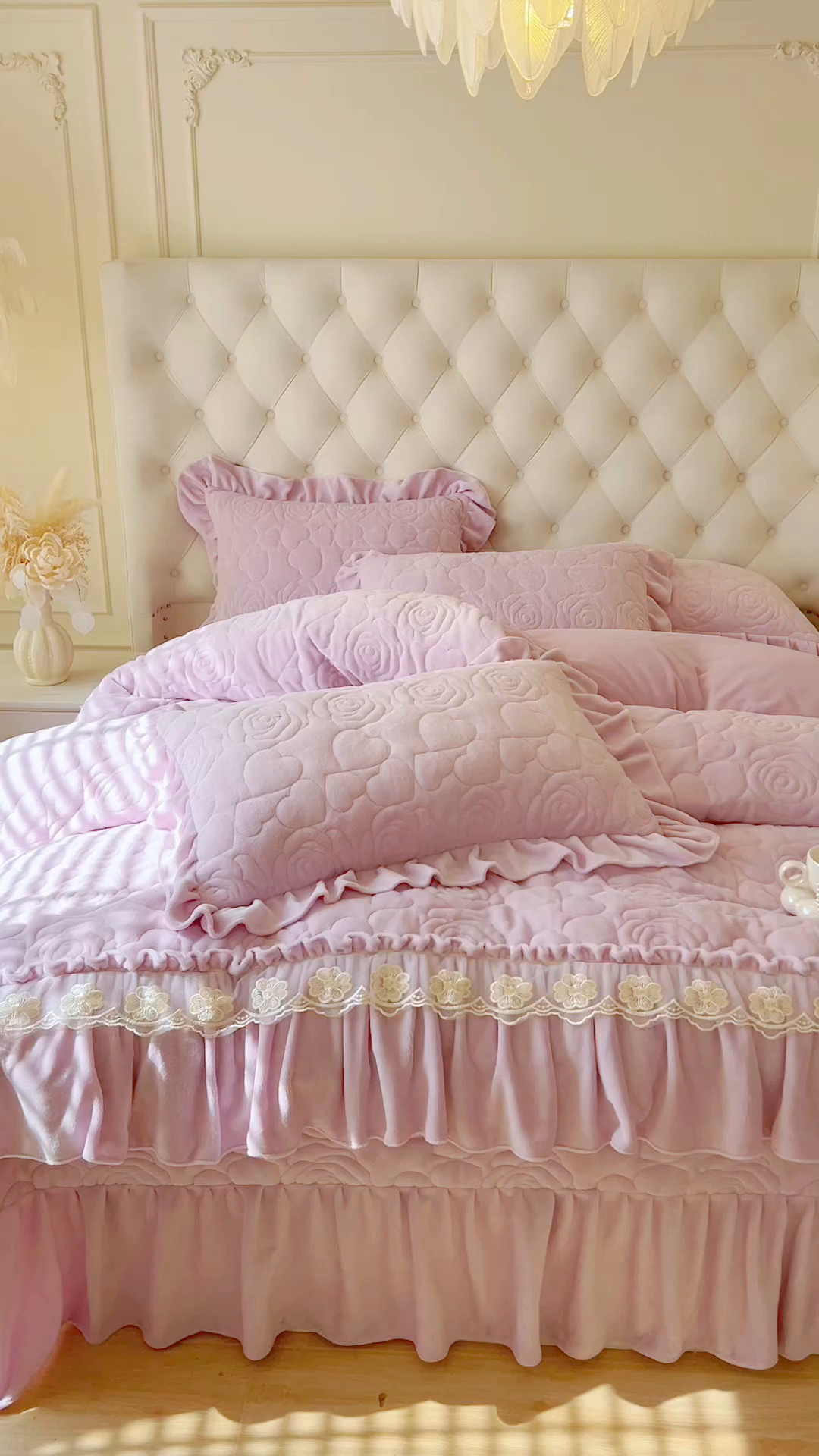 91家纺网 家纺一手货源 找家纺 网红馆（ck家纺） 2025新款牛奶绒花边床盖四件套-甜蜜蜜 甜蜜蜜-紫