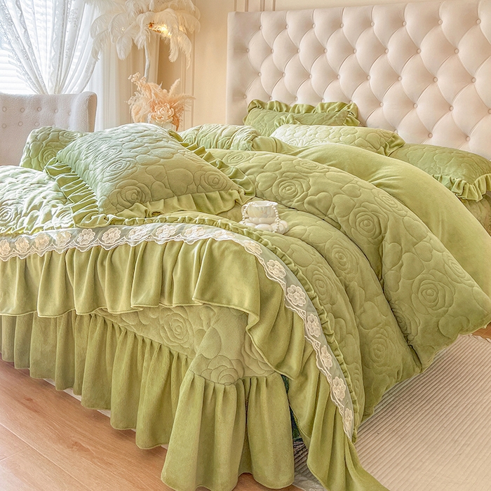 网红馆（ck家纺） 2025新款牛奶绒花边床盖四件套-甜蜜蜜 甜蜜蜜-绿