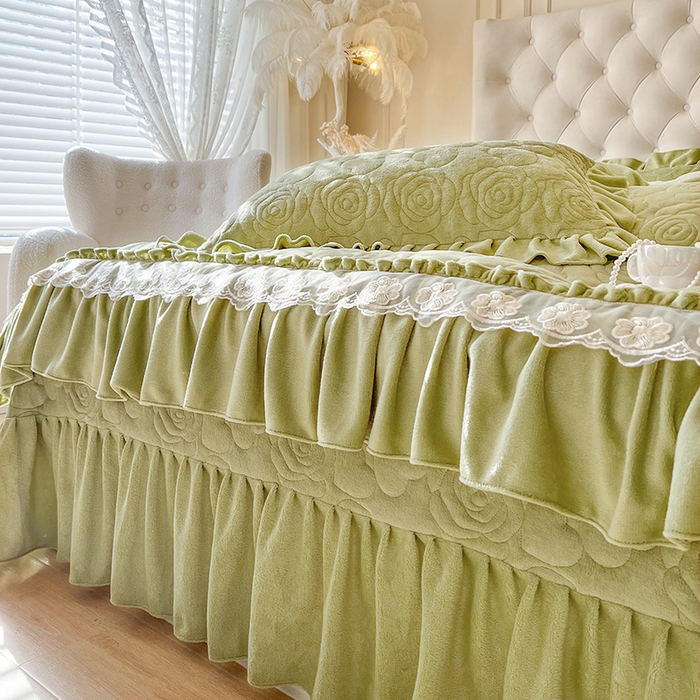 91家纺网 家纺一手货源 找家纺 网红馆（ck家纺） 2025新款牛奶绒花边床盖四件套-甜蜜蜜 甜蜜蜜-绿