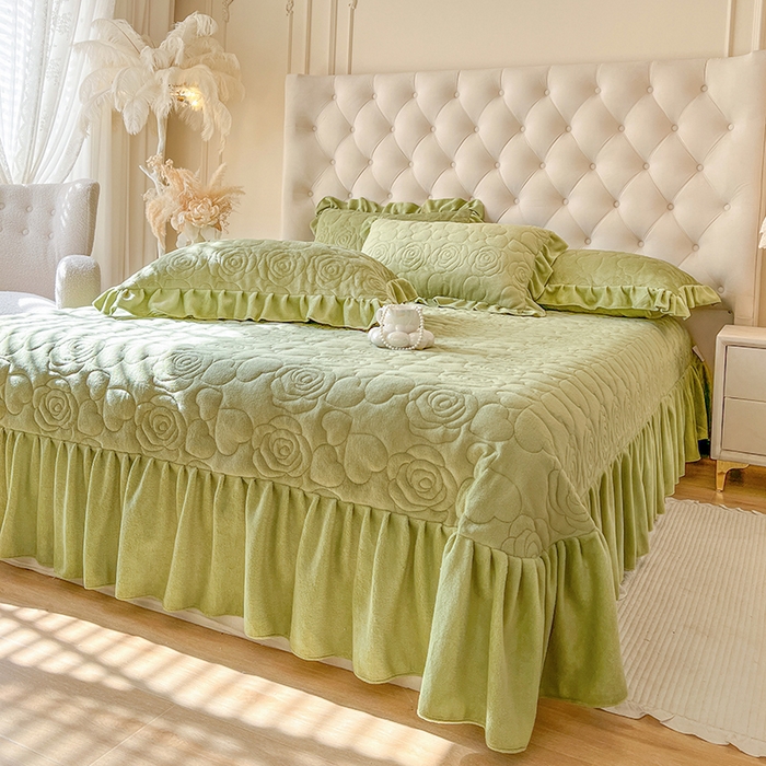 91家纺网 家纺一手货源 找家纺 网红馆（ck家纺） 2025新款牛奶绒花边床盖四件套-甜蜜蜜 甜蜜蜜-绿