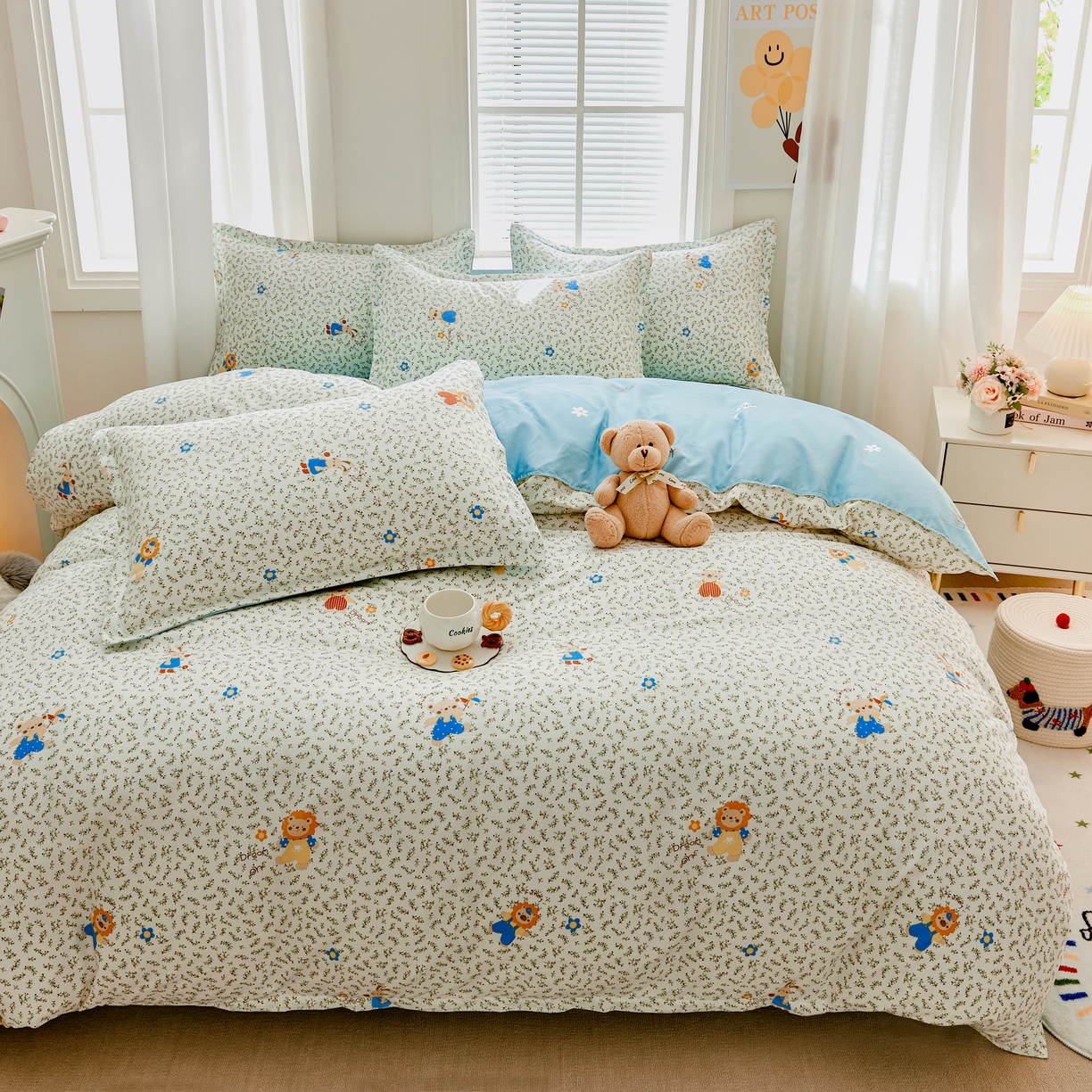 91家纺网 家纺一手货源 找家纺 简冠 2023新北欧风亲肤植物羊绒磨毛宿舍单品及三件套 快乐舞步