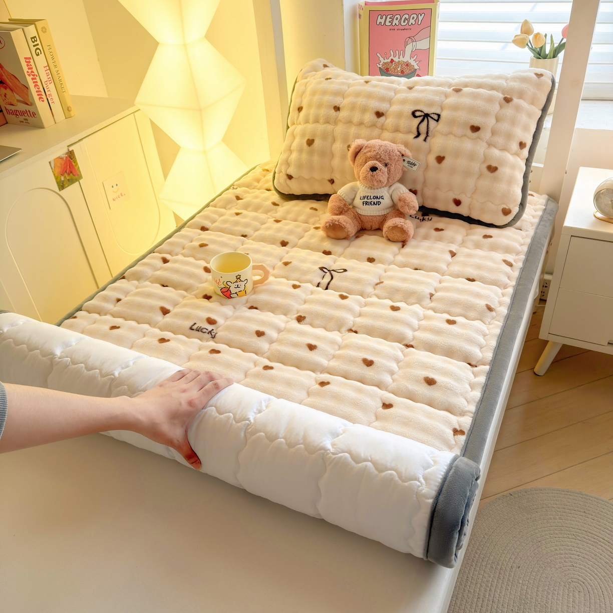 91家纺网 家纺一手货源 找家纺 （总）奇丝雅 2025新款A类牛奶绒泡泡绒床褥床垫床盖兔毛绒家用学生宿舍上下铺寝室褥子软垫床护垫夹棉（学生床）