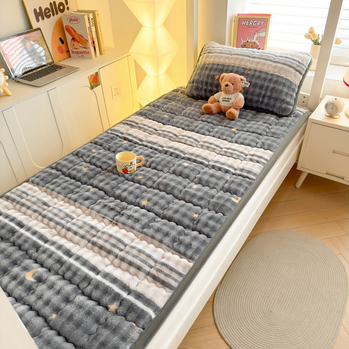 91家纺网 家纺一手货源 找家纺 奇丝雅 2025新款A类牛奶绒泡泡绒床褥床垫床盖兔毛绒家用学生宿舍上下铺寝室褥子软垫床护垫夹棉（学生床） 繁星