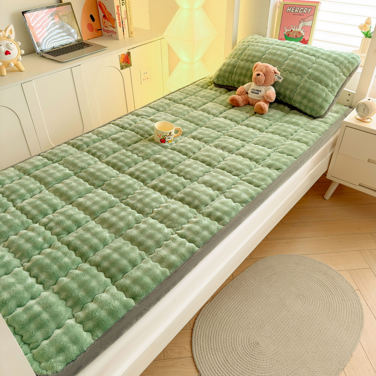 91家纺网 家纺一手货源 找家纺 奇丝雅 2025新款A类牛奶绒泡泡绒床褥床垫床盖兔毛绒家用学生宿舍上下铺寝室褥子软垫床护垫夹棉（学生床） 清新绿