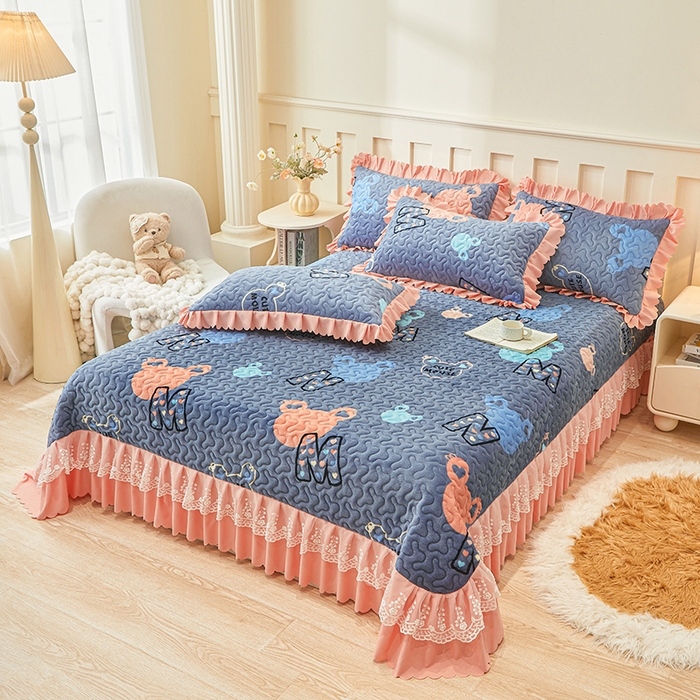 91家纺网 家纺一手货源 找家纺 艾裙海 2025新款蕾丝边牛奶绒床盖三件套 米奇妹妹