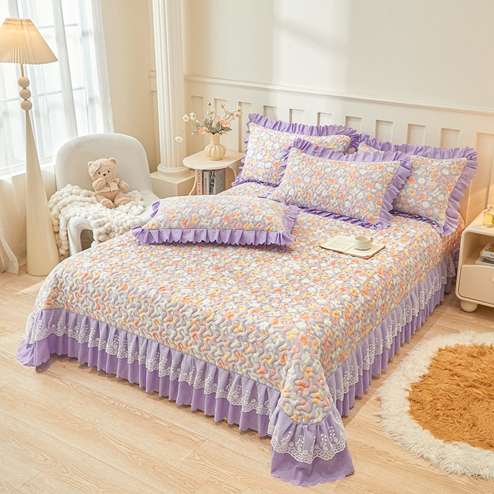 91家纺网 家纺一手货源 找家纺 艾裙海 2025新款蕾丝边牛奶绒床盖四件套 花漾-紫