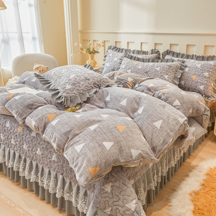艾裙海 2025新款蕾丝边牛奶绒床盖四件套 几何-灰