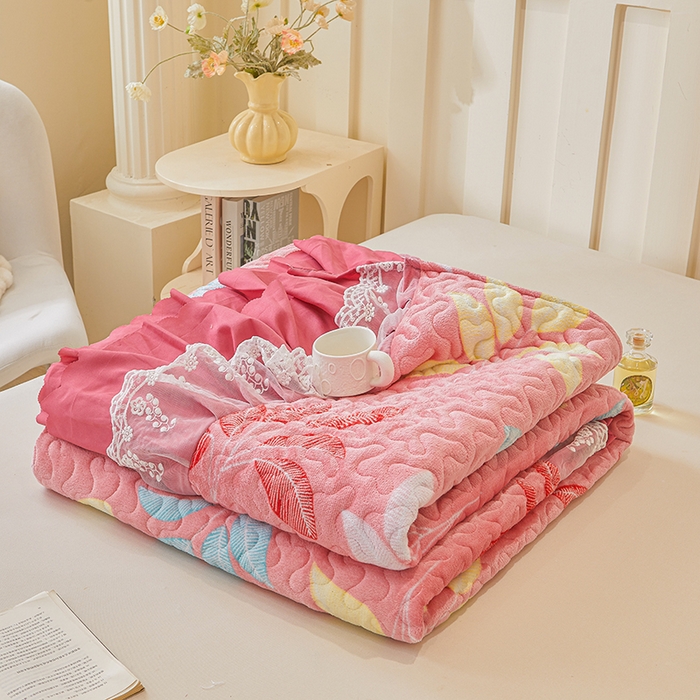 91家纺网 家纺一手货源 找家纺 艾裙海 2025新款蕾丝边牛奶绒床盖四件套 七彩叶子