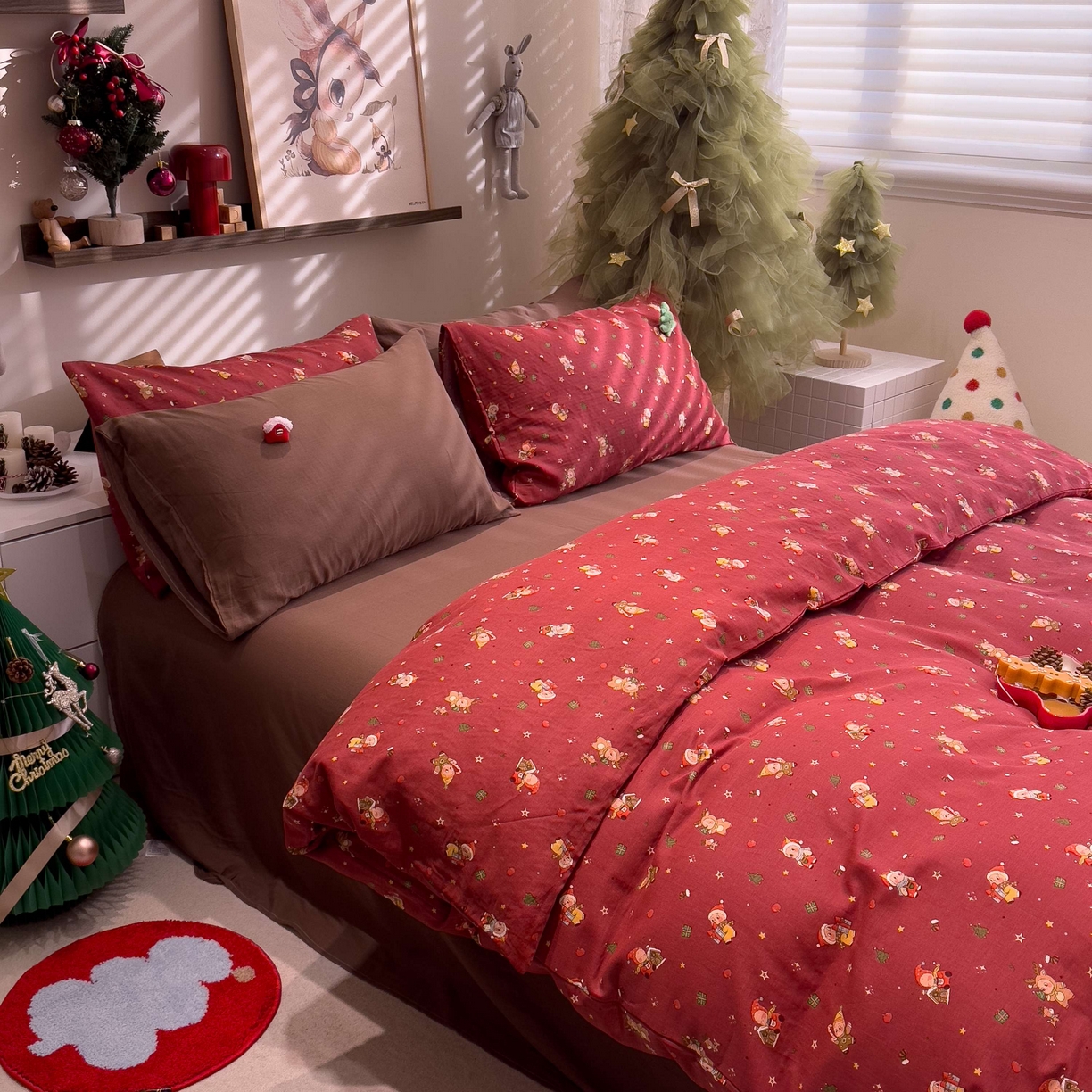 91家纺网 家纺一手货源 找家纺 （总）呗旺鹿 2025新款全棉纯棉有氧双层纱圣诞气氛款四件套